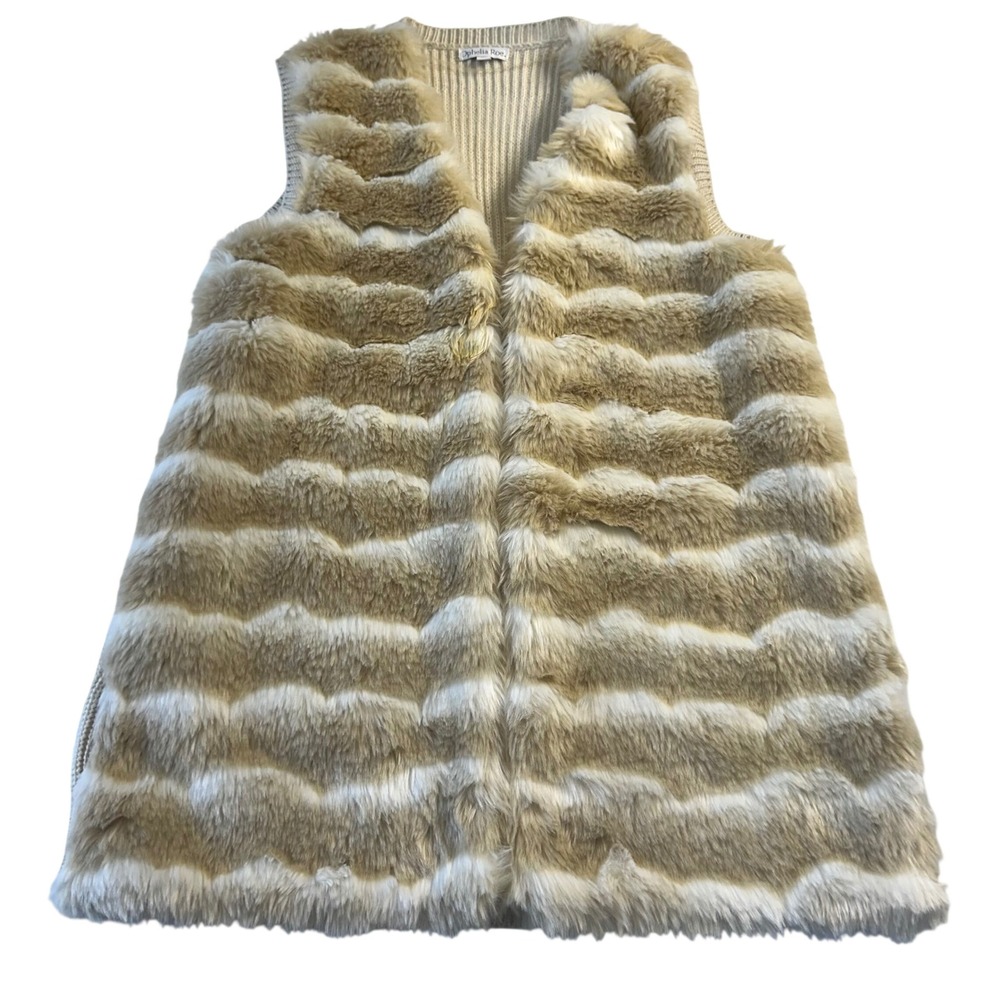 Ophelia Roe Womens XL Faux Fur Front Ribbed Knit Back Long Open Vest Cream Tan